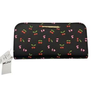 Aldo Black Red Heart Shaped Cherry Zip Around Wallet Clutch Valentines Day NWT